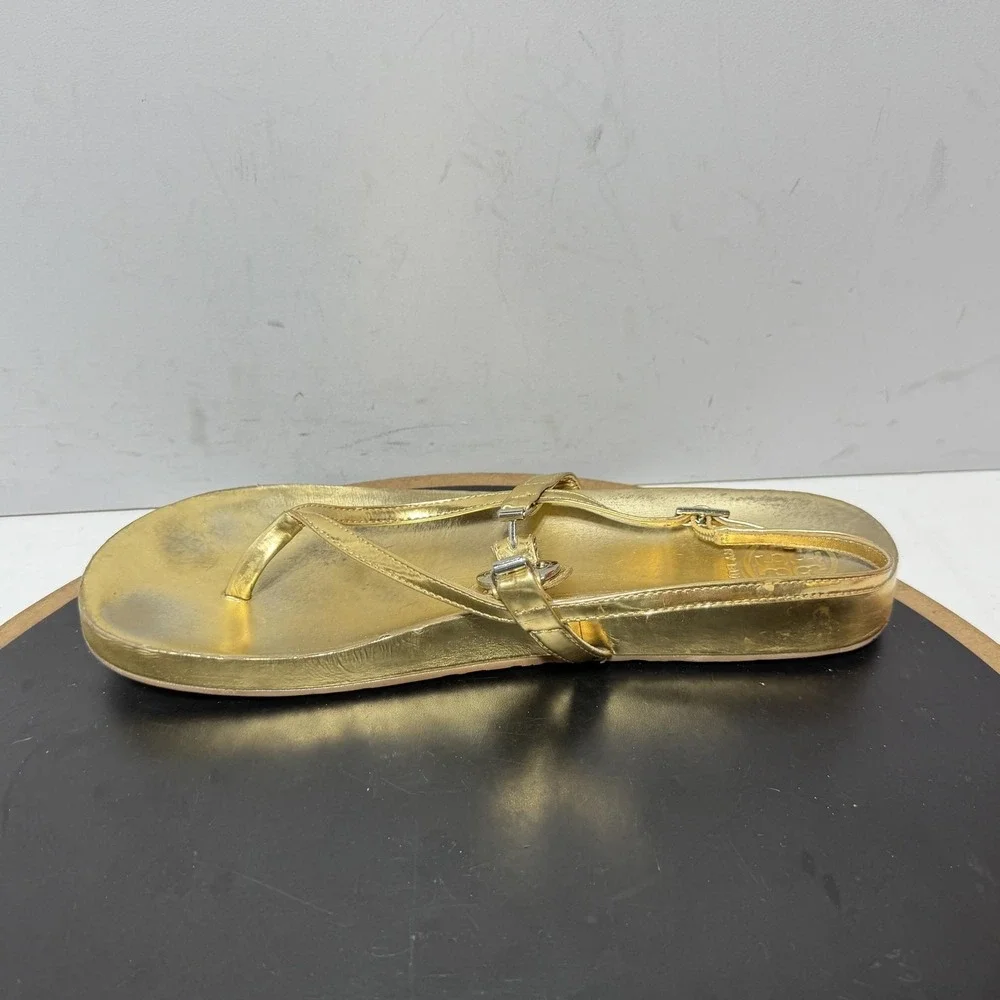 Tory Burch Sandals Womens Size 11 Gold Leather Thong Slingback Logo Casual